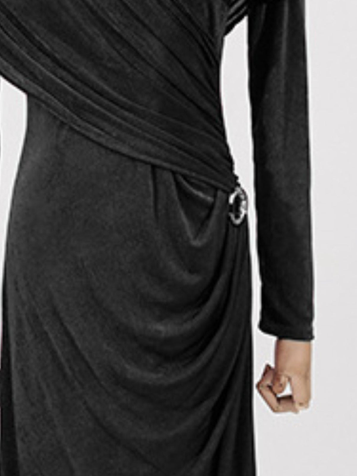 ruched draped long sleeve maxi dress close up