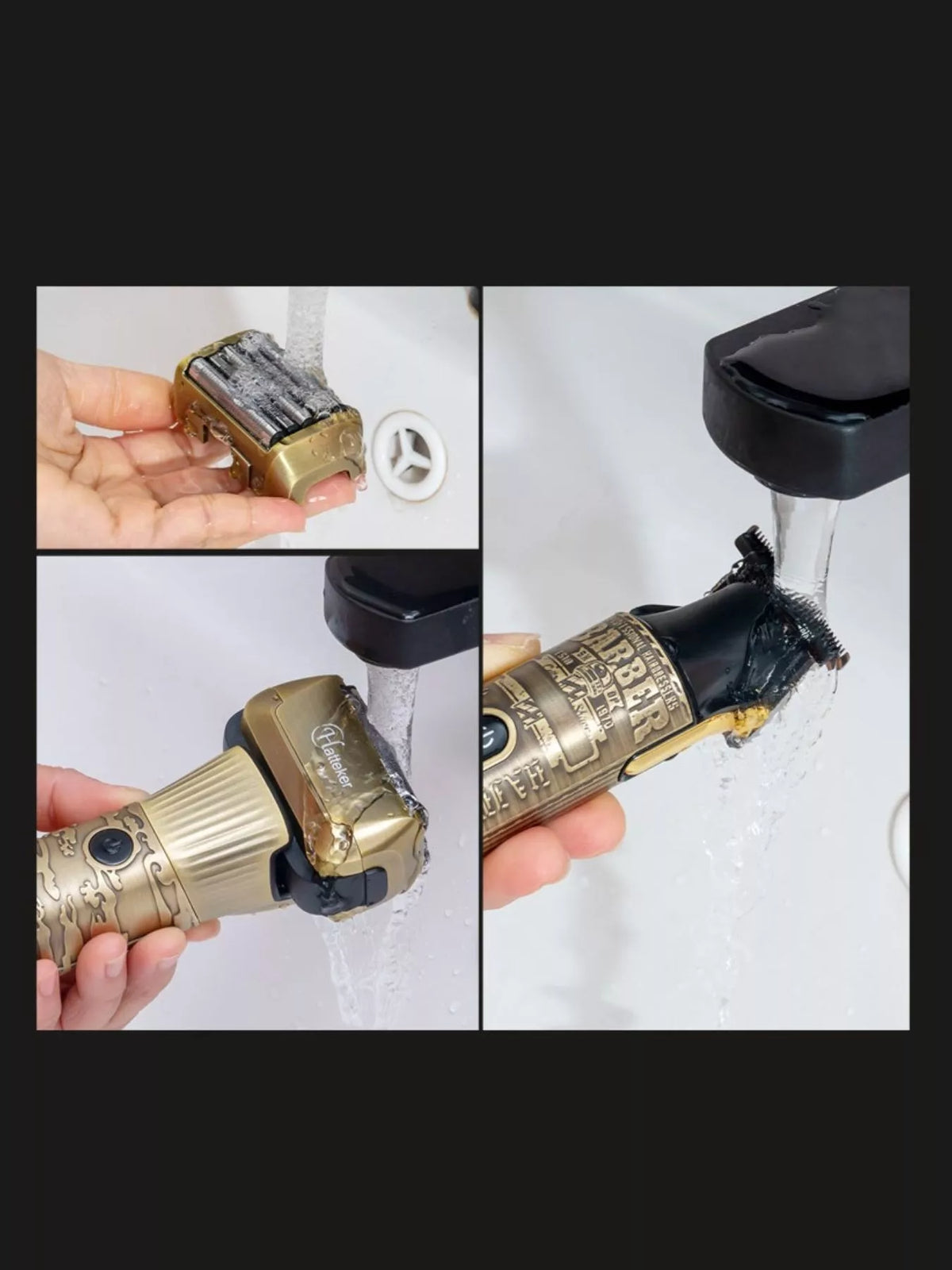 Brass hair clipper held in hand