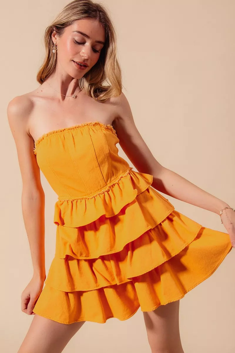 Strapless Ruffle Layered Dress in Gold