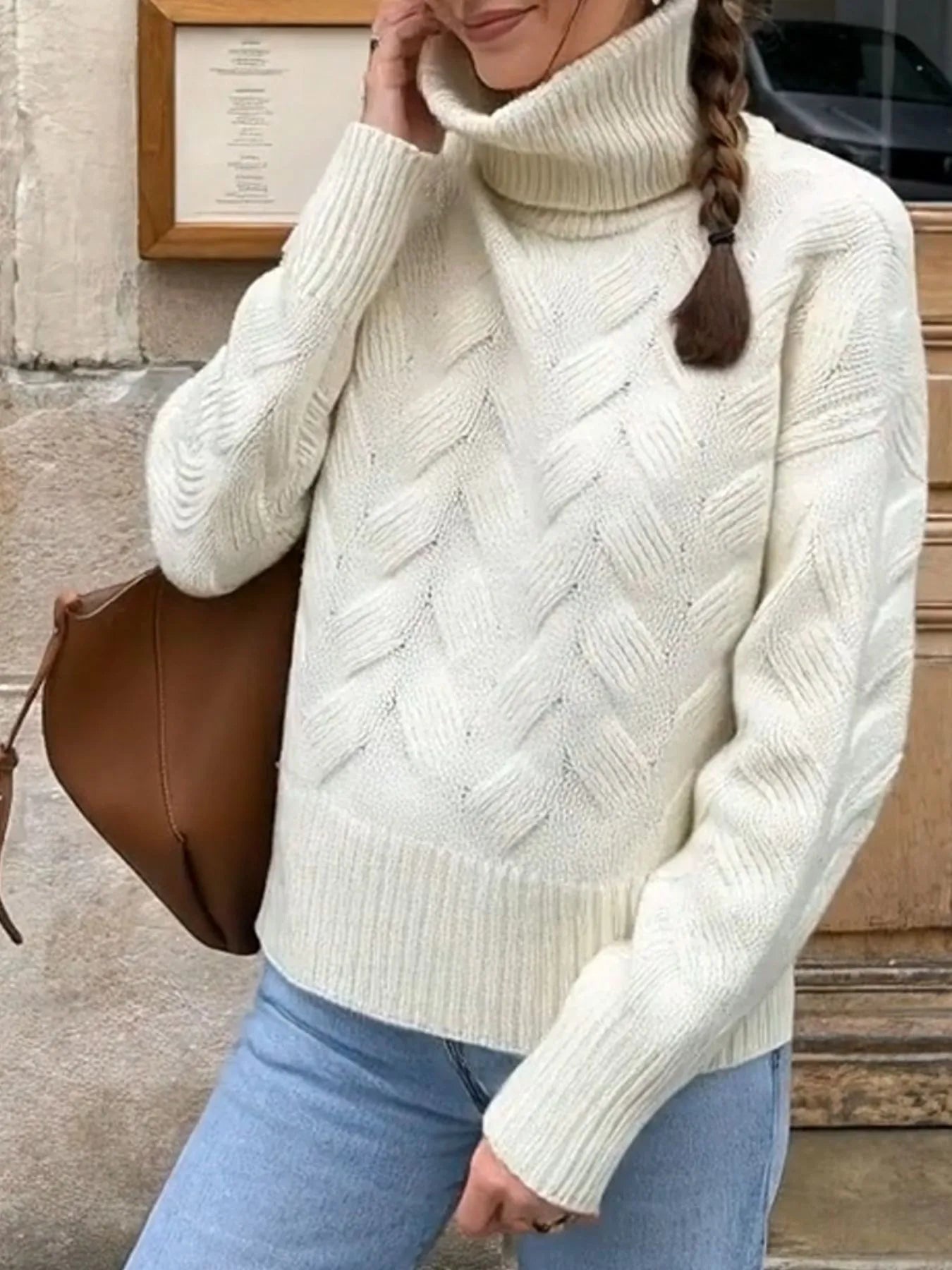 Ribbed Hem Turtleneck Long Sleeve Sweater - Fashorio
