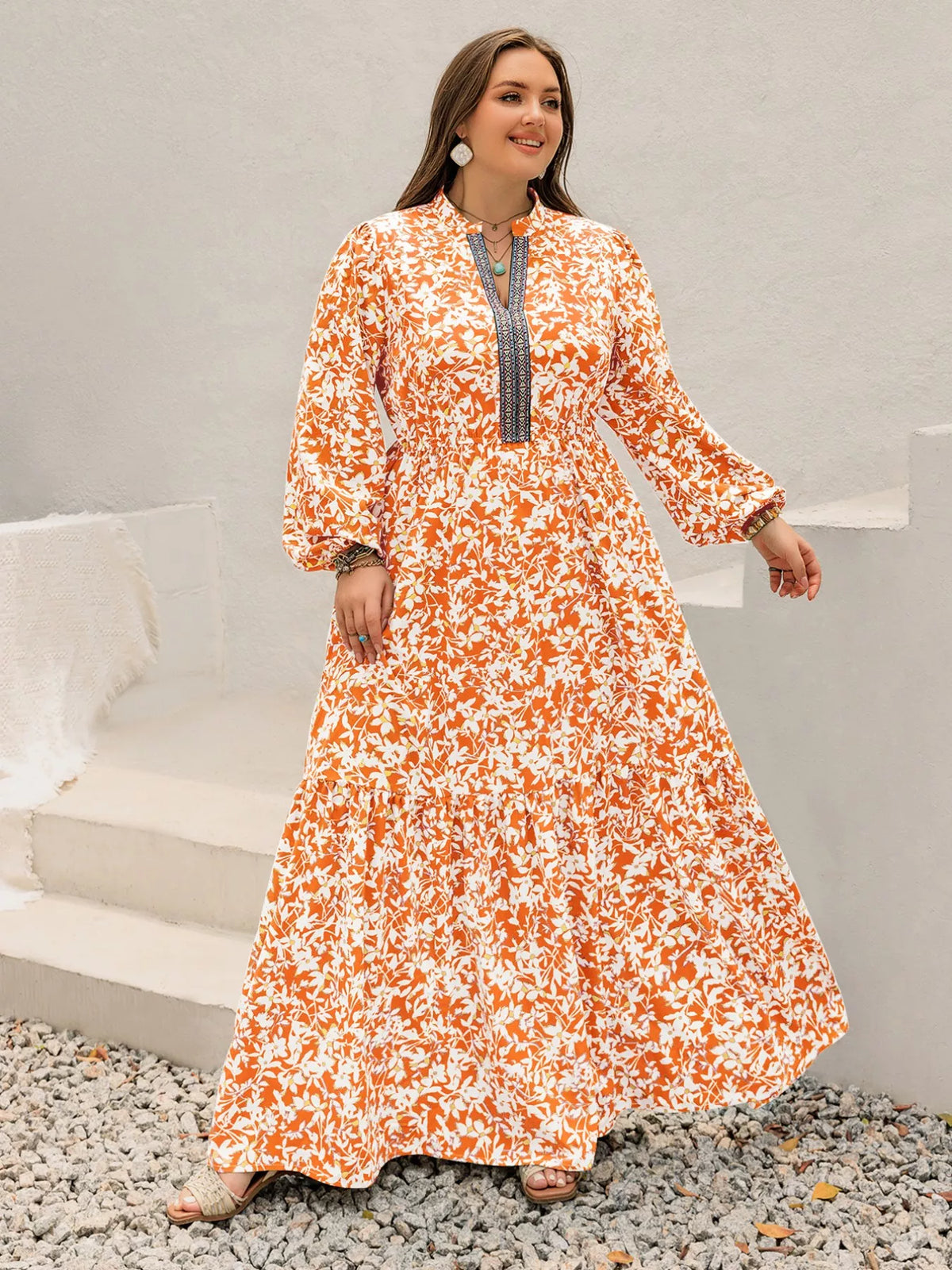 boho floral print maxi dress in tangerine neckline detail