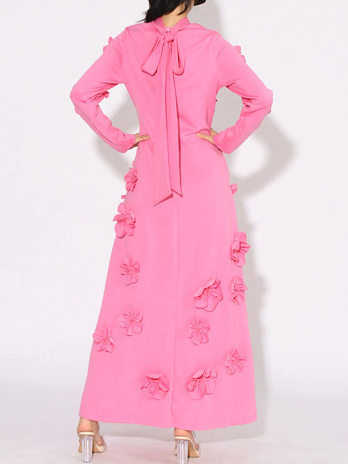 Floral applique long sleeve maxi dress in pink full length view