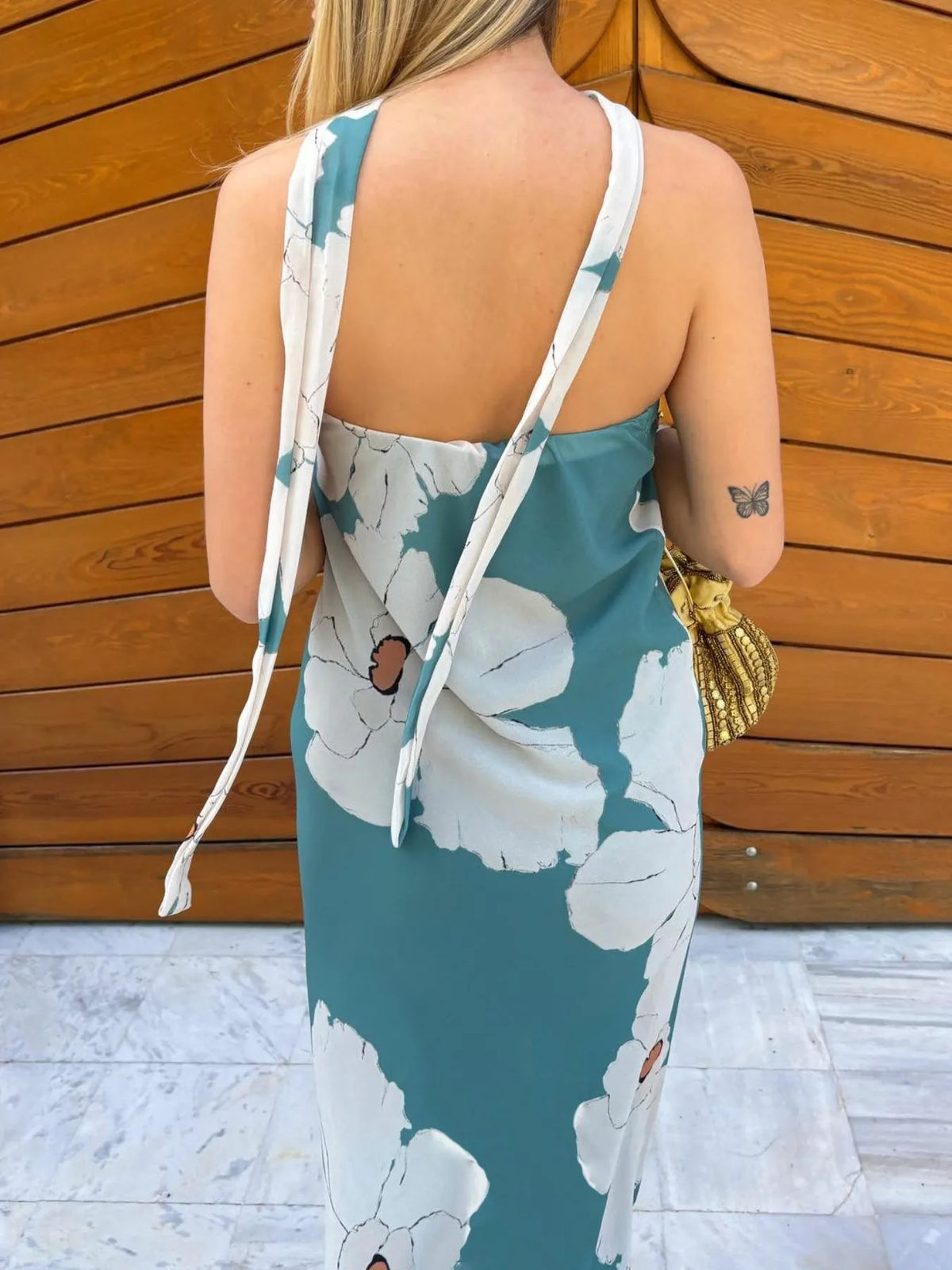 Printed tube maxi dress side view