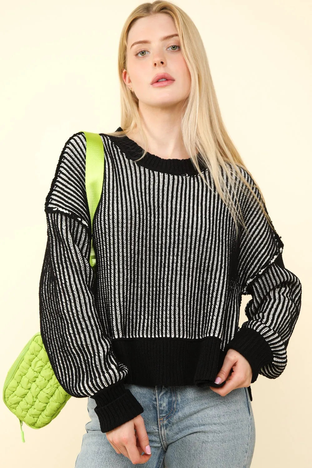 Exposed Seam Cropped Striped Sweater in Black