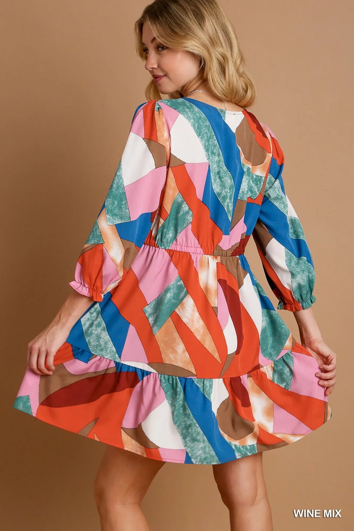 Abstract Print V Neck Tiered Dress in Wine side view