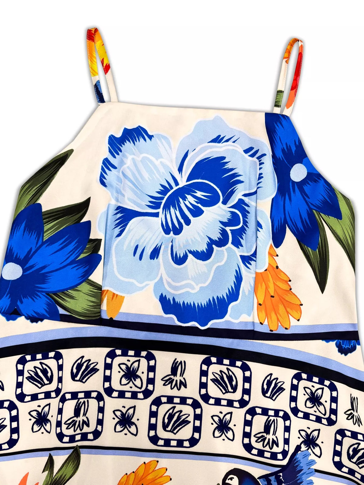 royal blue plus size floral spaghetti strap maxi dress close up