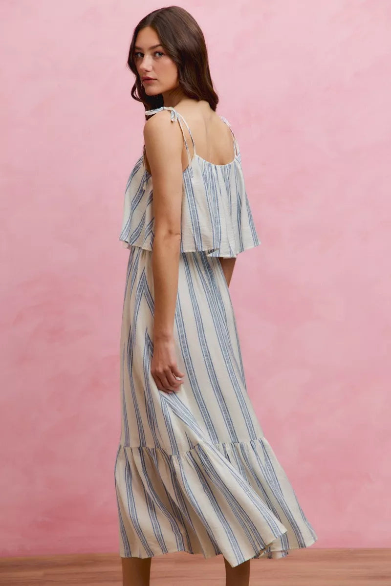 White and blue striped tiered midi dress with shoulder ties front view