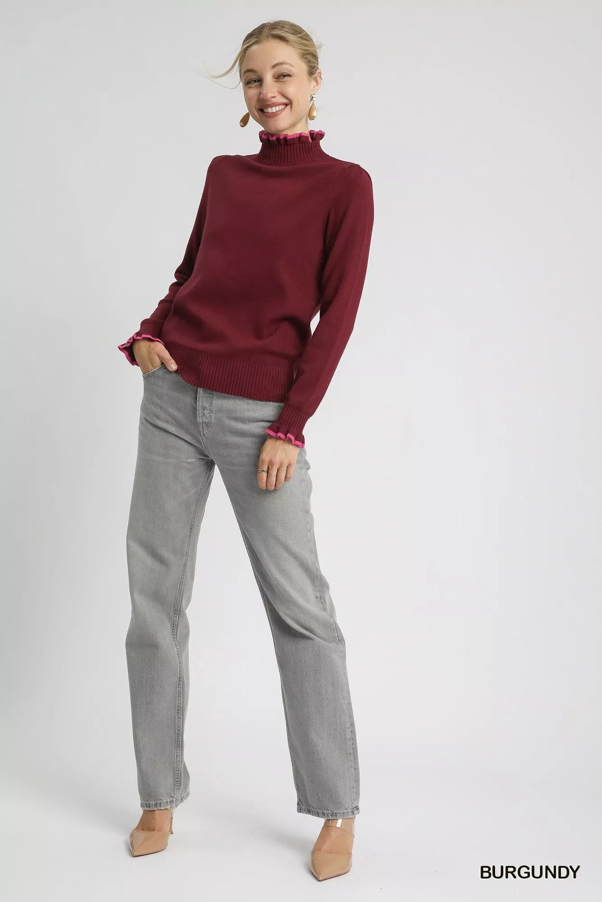 Ribbed Round Neck Sweater with Ruffle Trim in Burgundy styled look