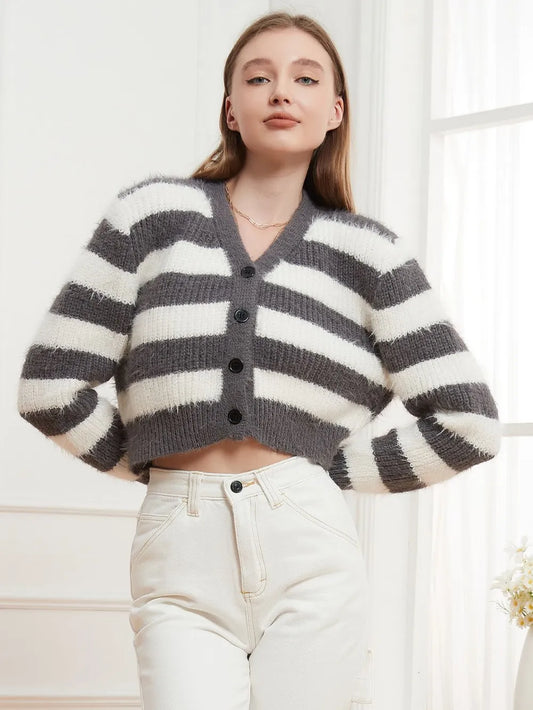 Button Down V-Neck Striped Cardigan Gray One Size - Fashorio