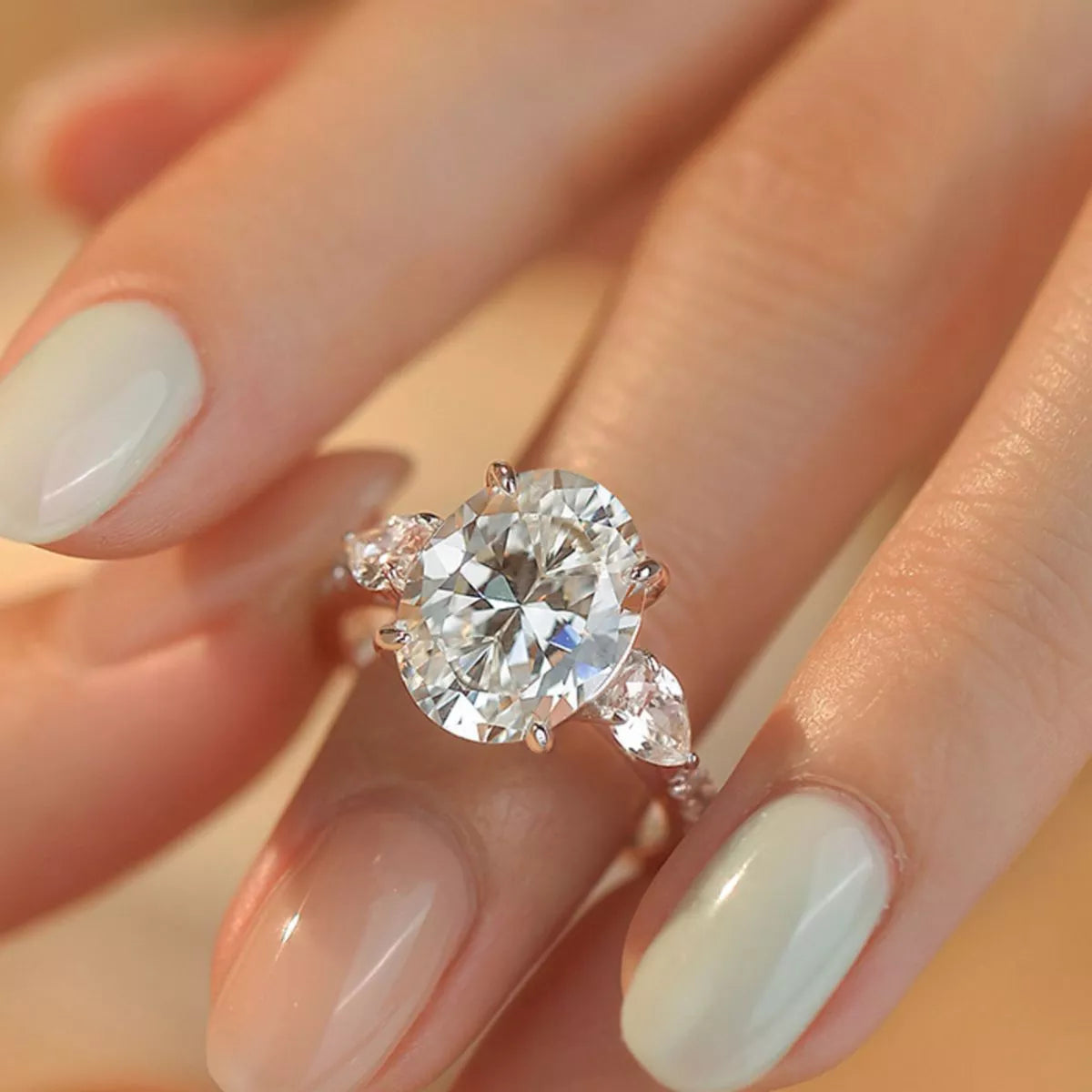 Moissanite oval ring top view of the stone