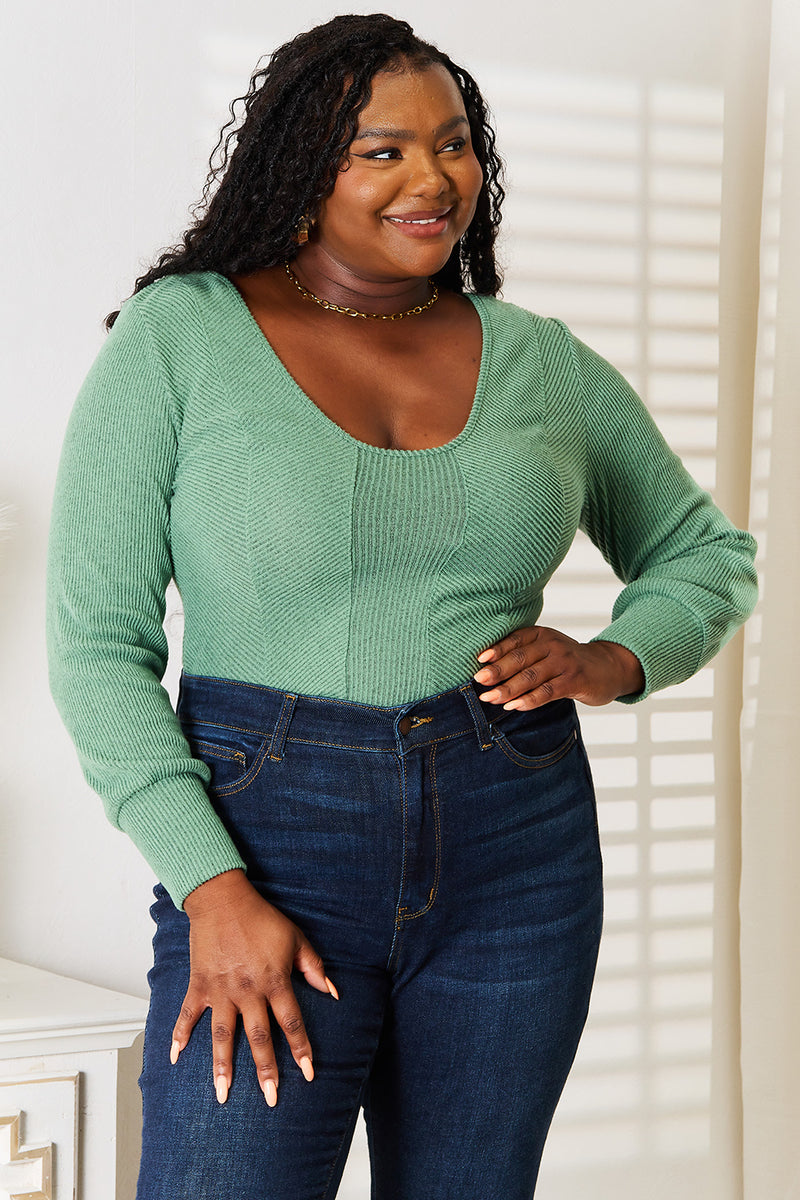 Green scoop neck long sleeve top front view