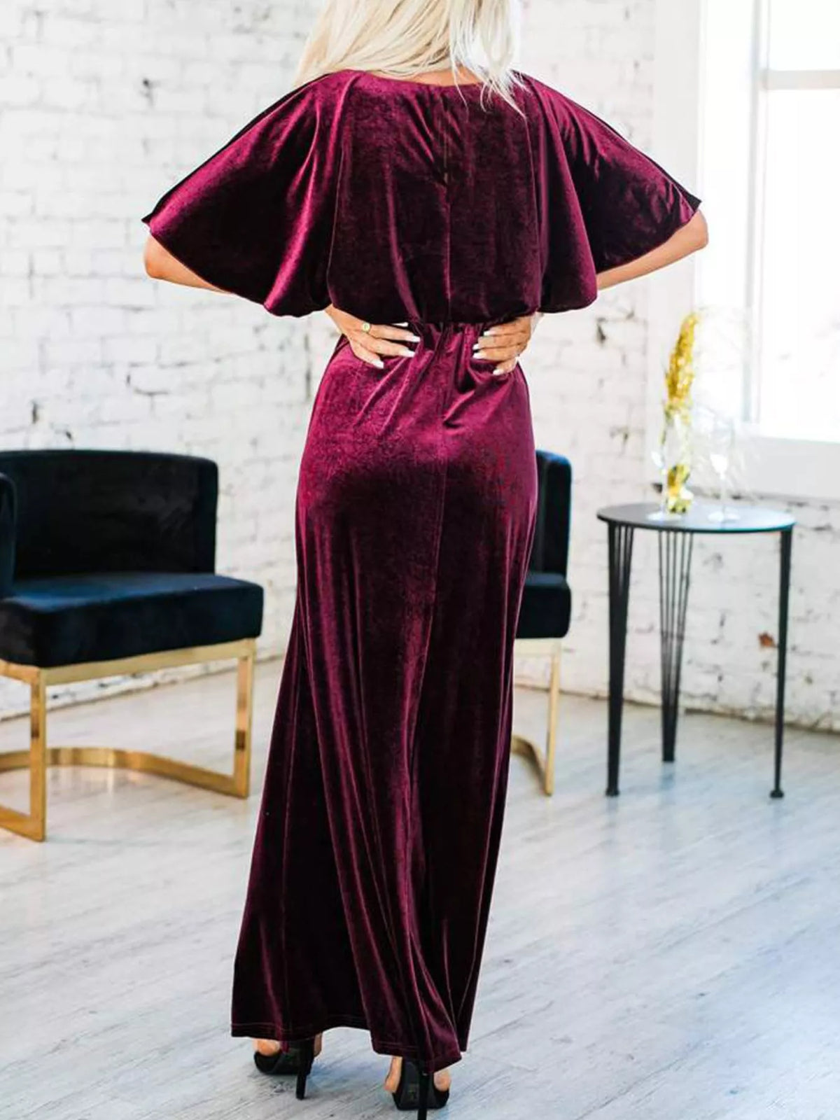 flutter sleeve velvet maxi dress hemline detail