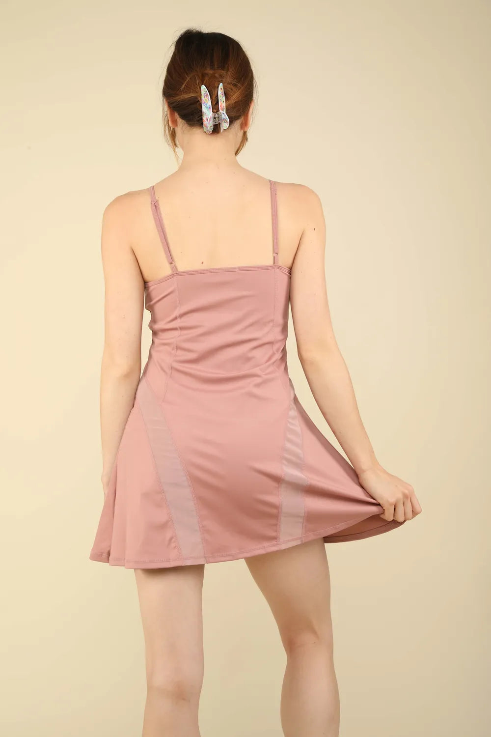 Mesh Tennis Dress with Built In Shorts in Mauve back view