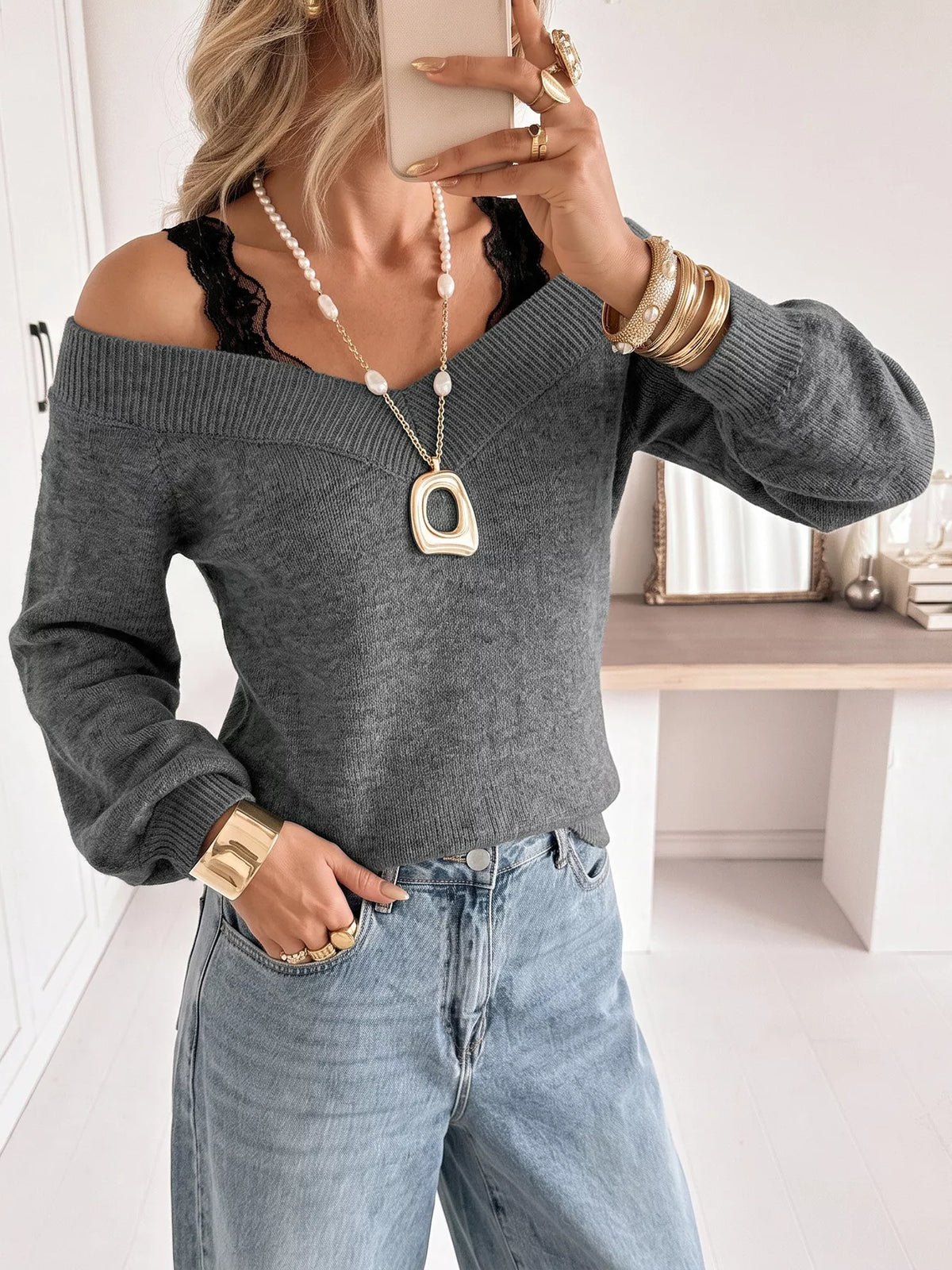 Lace Trim Off Shoulder Sweater
