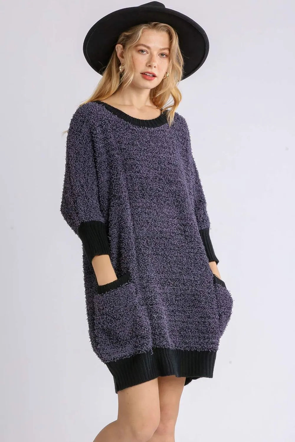 Ribbed Round Neck 3/4 Sleeve Sweater Dress with Pockets Plus Size back view