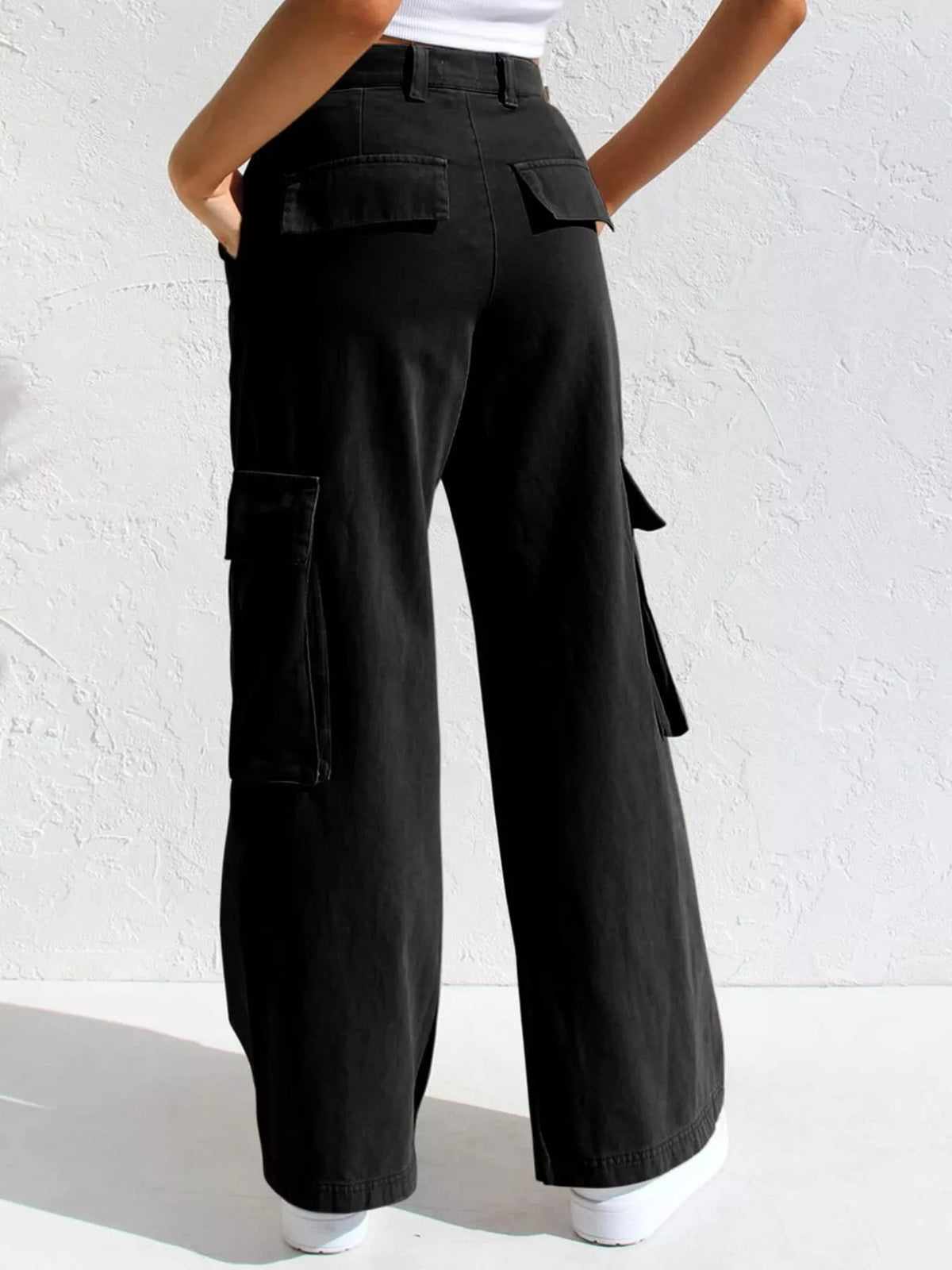 Wide leg cargo denim back view