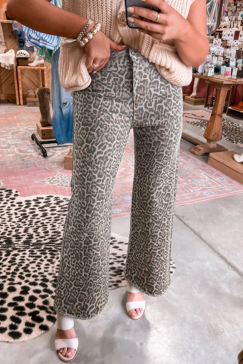 Leopard print wide leg jeans front view