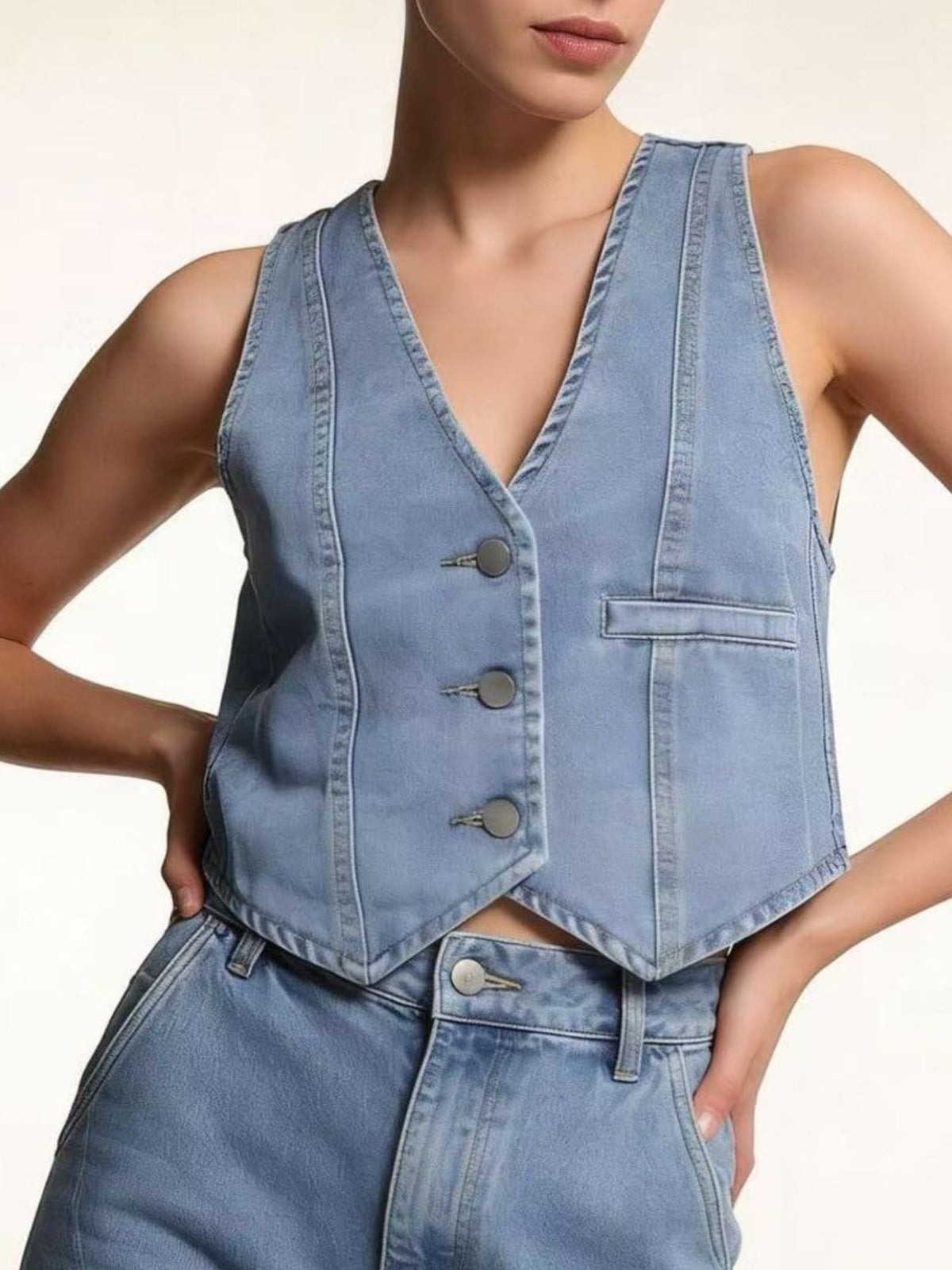 Button Down Denim Vest in Dark Blue view 12