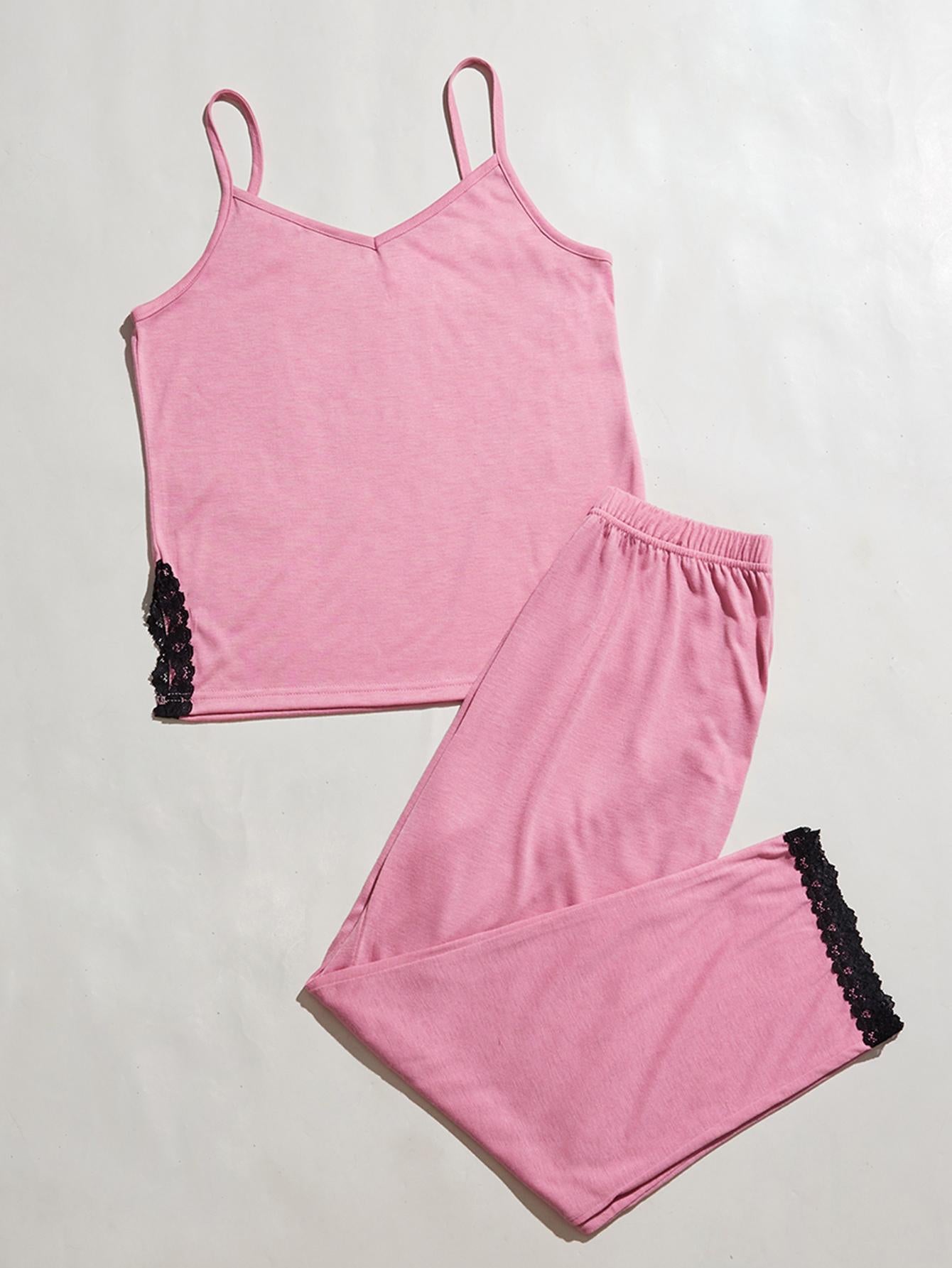 V-Neck Lace Trim Slit Cami and Pants Pajama Set - Fashorio