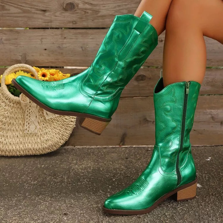 Embroidered western cowboy boots shaft detail