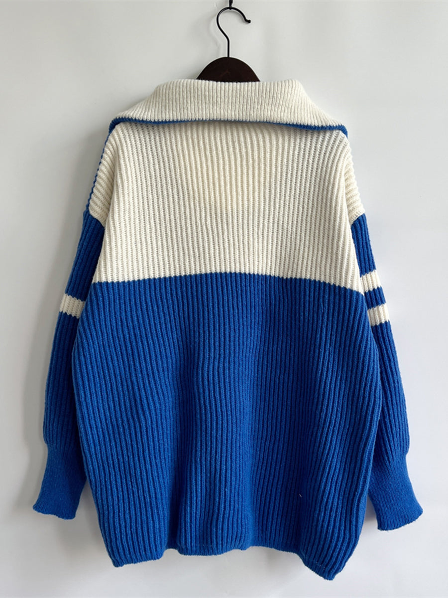 Ribbed Two-Tone Half Zip Sweater - Fashorio