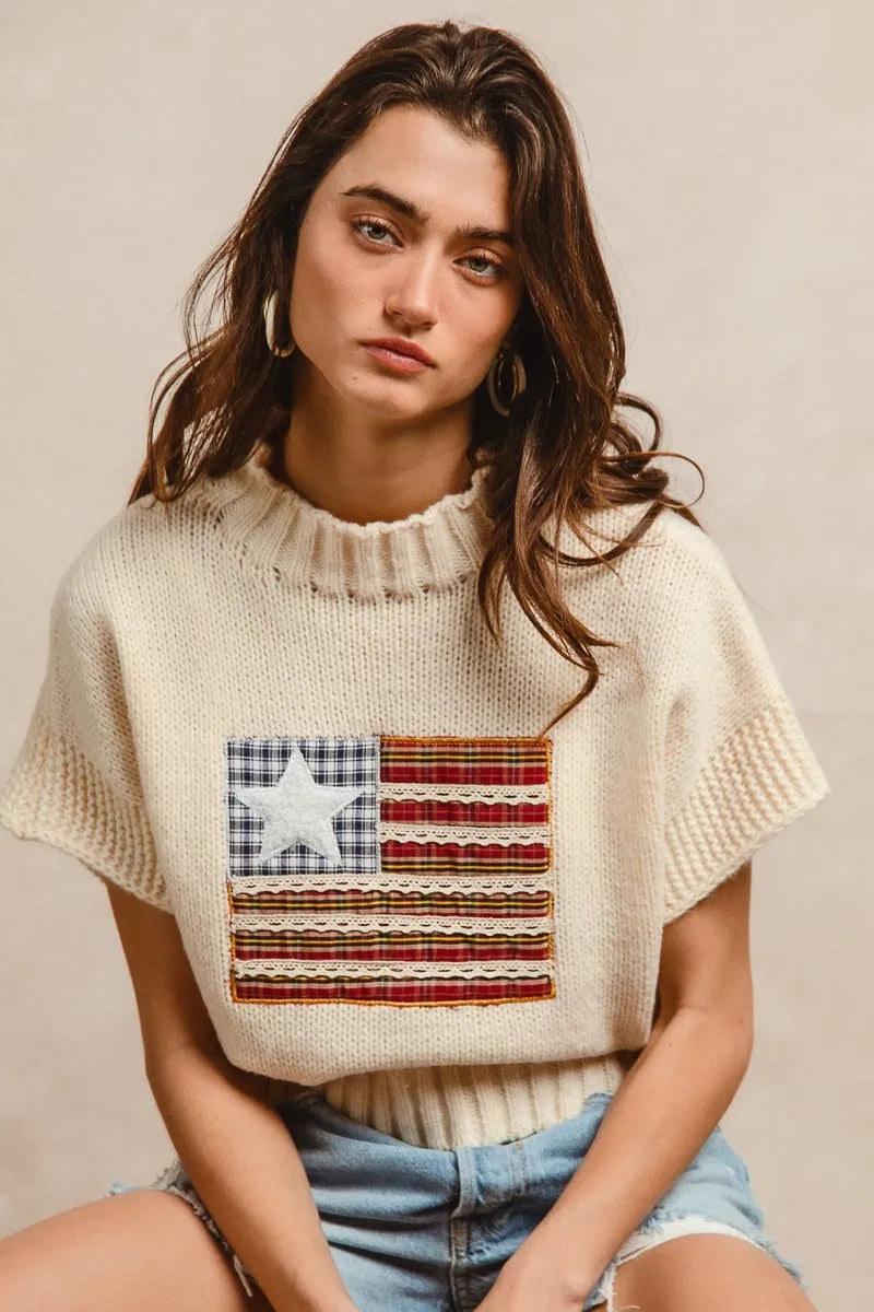 BiBi American Flag Patchwork Drop Shoulder Sweater - Fashorio