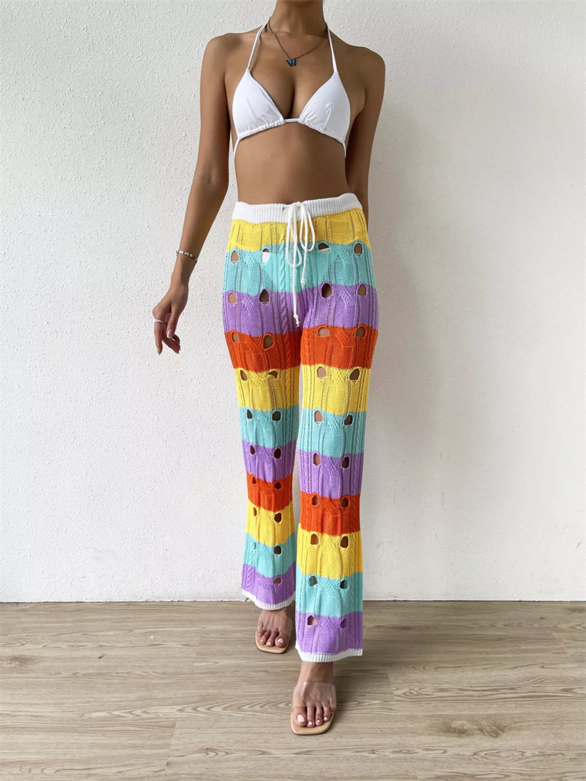 Striped crochet knit drawstring pants full length view