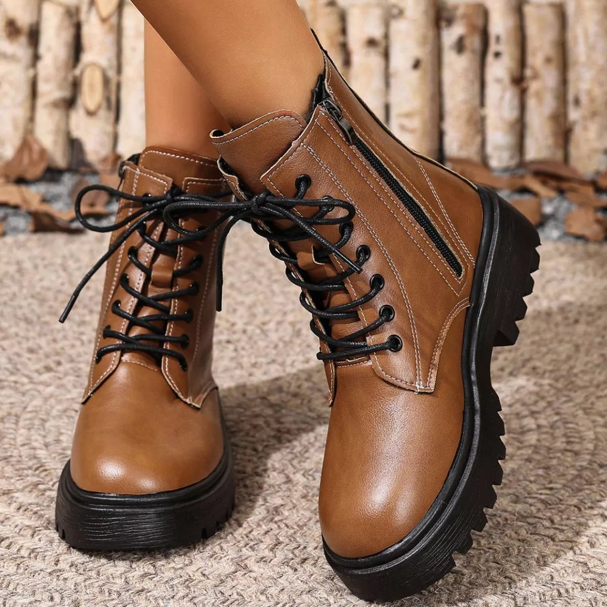 Khaki round toe block heels boots side profile view