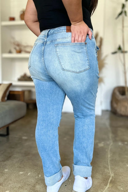 Judy Blue Full Size Distressed Straight Jeans with Patch Pockets - Fashorio