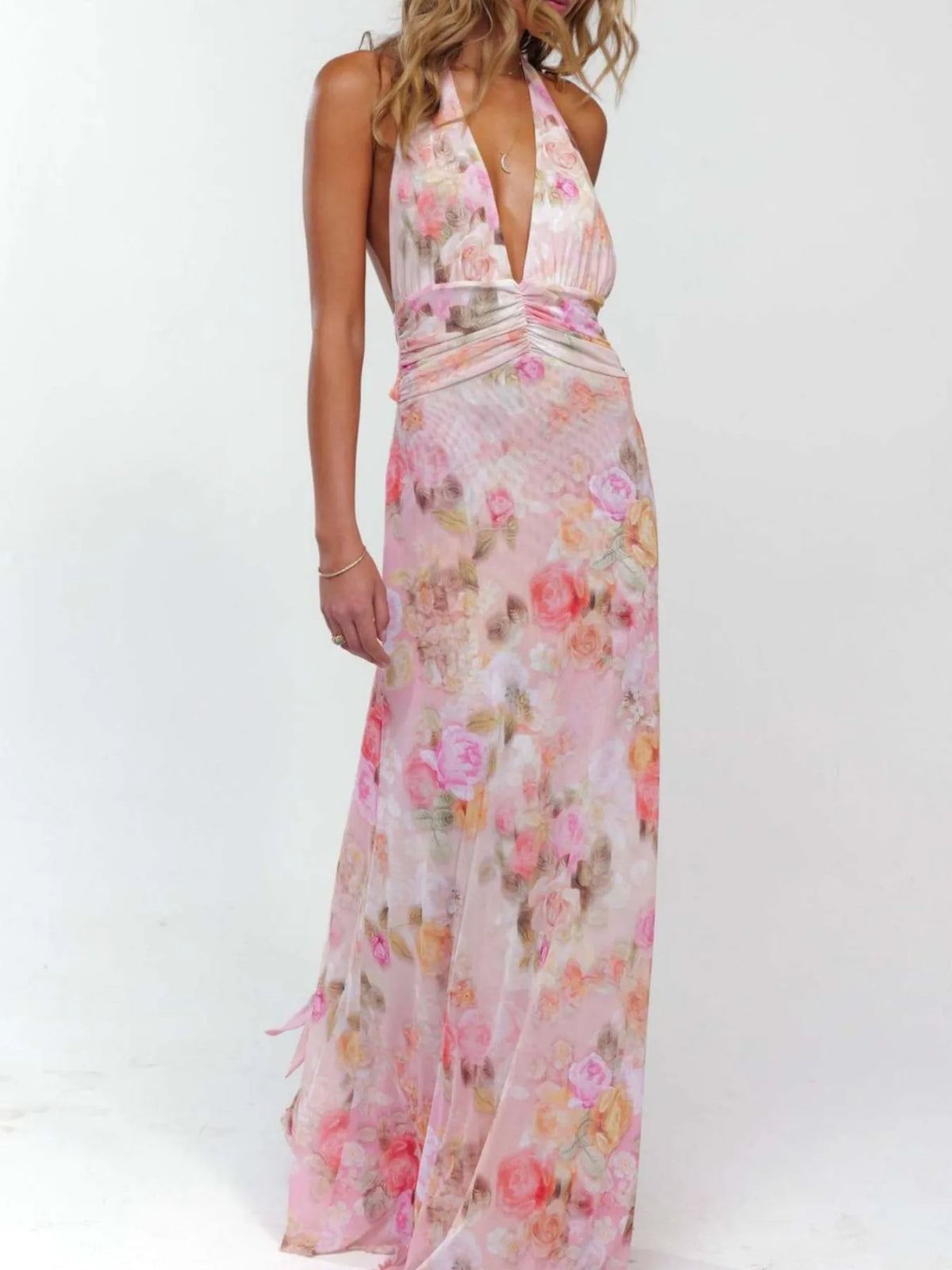 floral halter deep v maxi dress side view