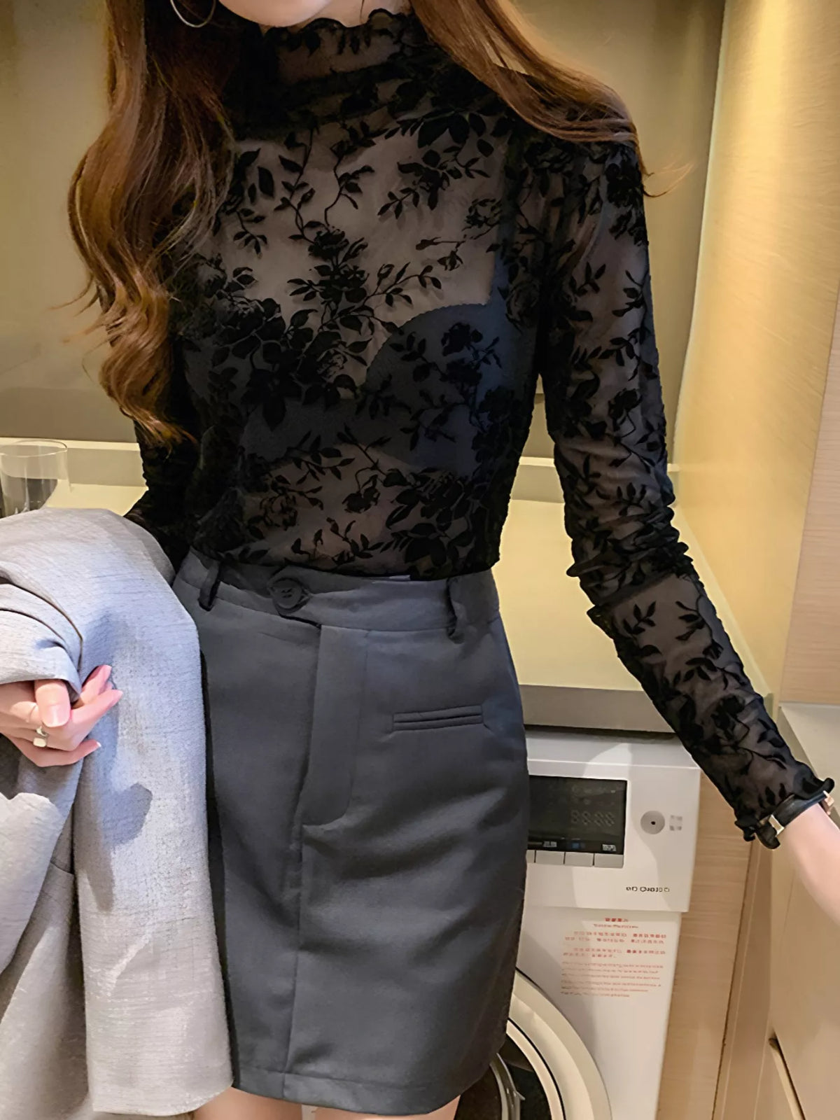 Floral Sheer Turtleneck Top styled look
