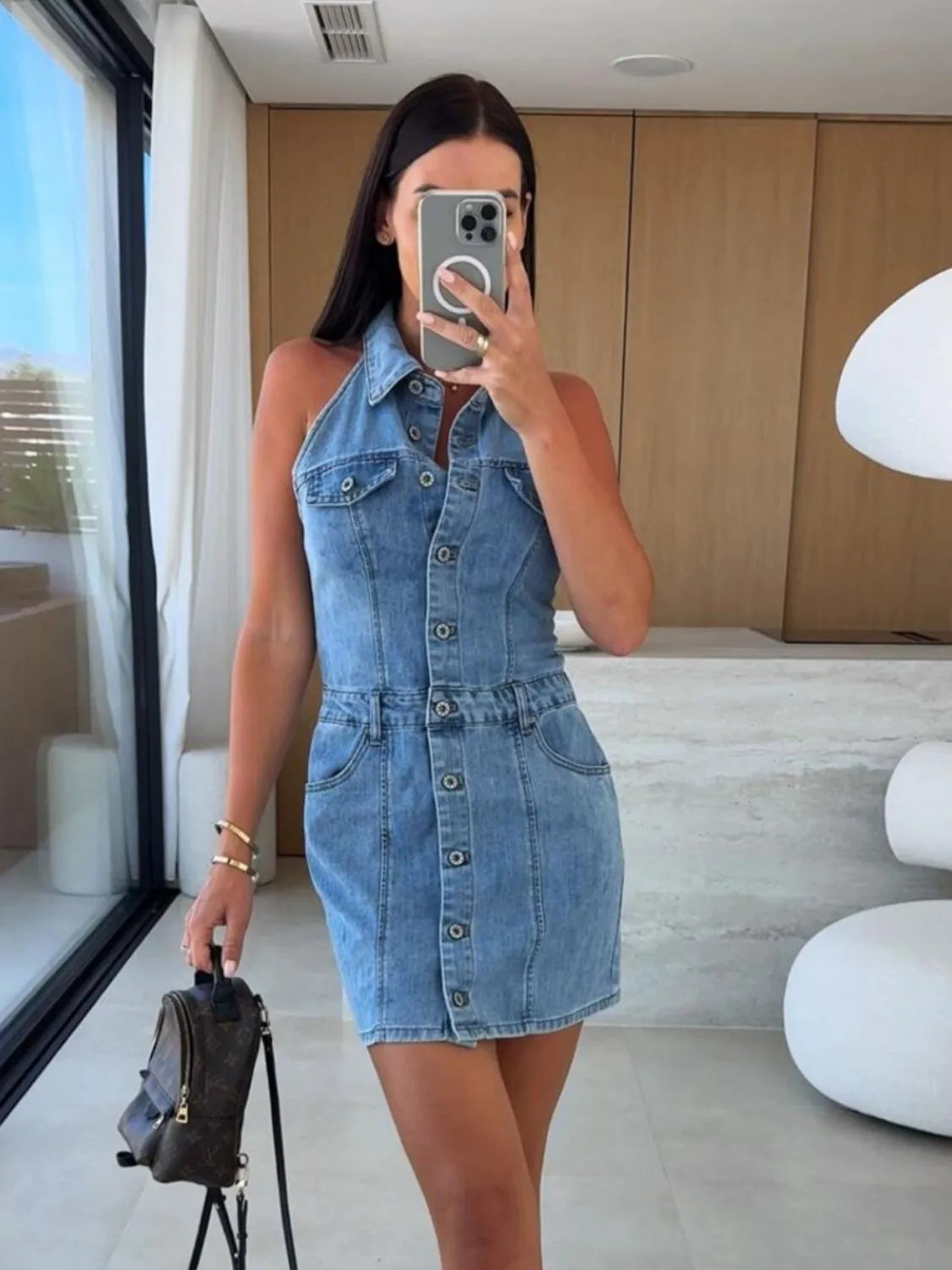 Button Front Sleeveless Denim Mini Dress - Fashorio