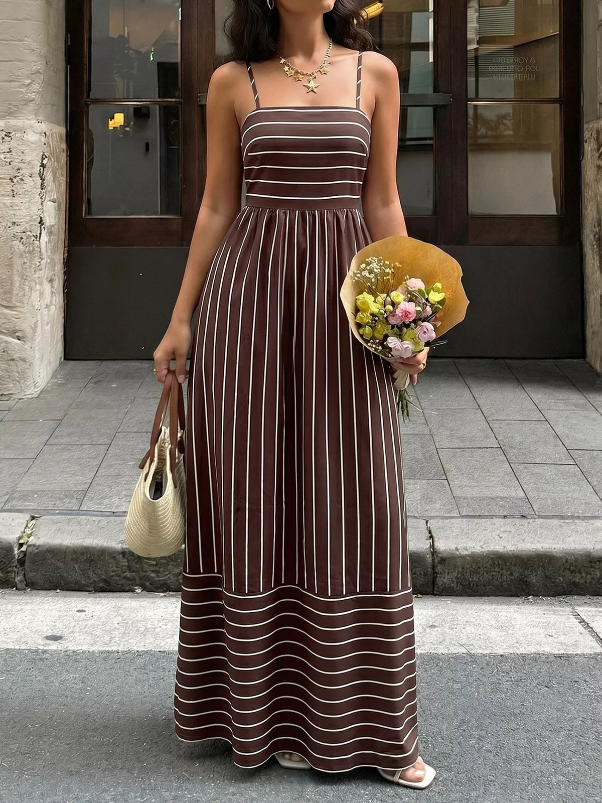 Striped maxi dress strap and shoulder detail