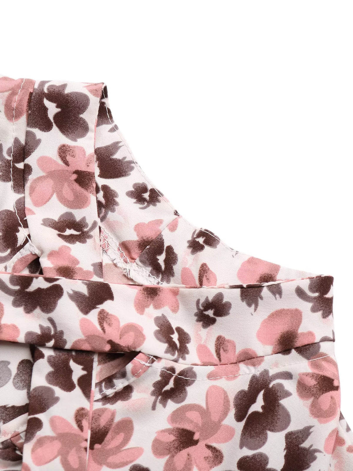 Pink floral tie neck ruffle blouse fabric detail view