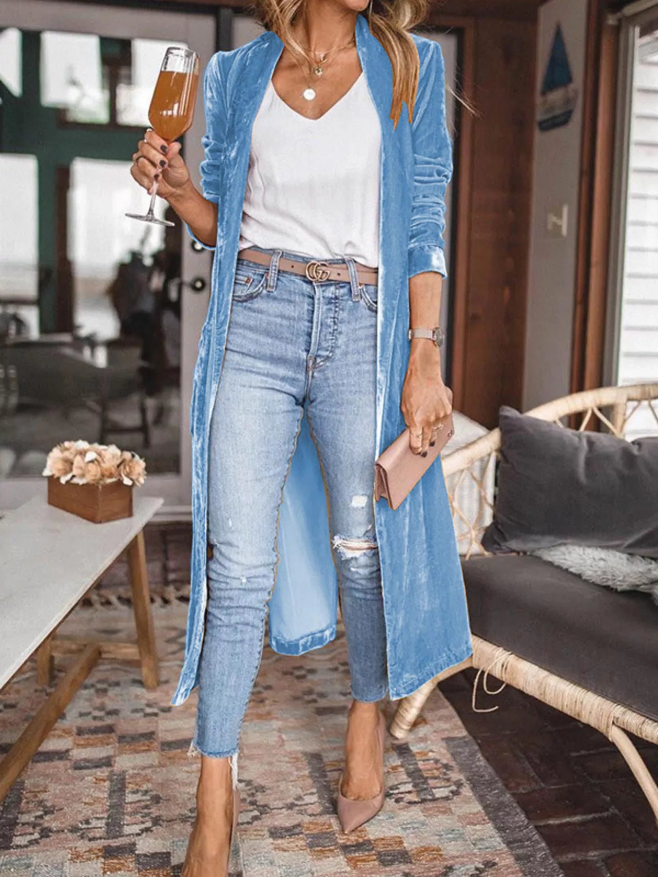 Open Front Long Sleeve Longline Cardigan Light Blue - Fashorio