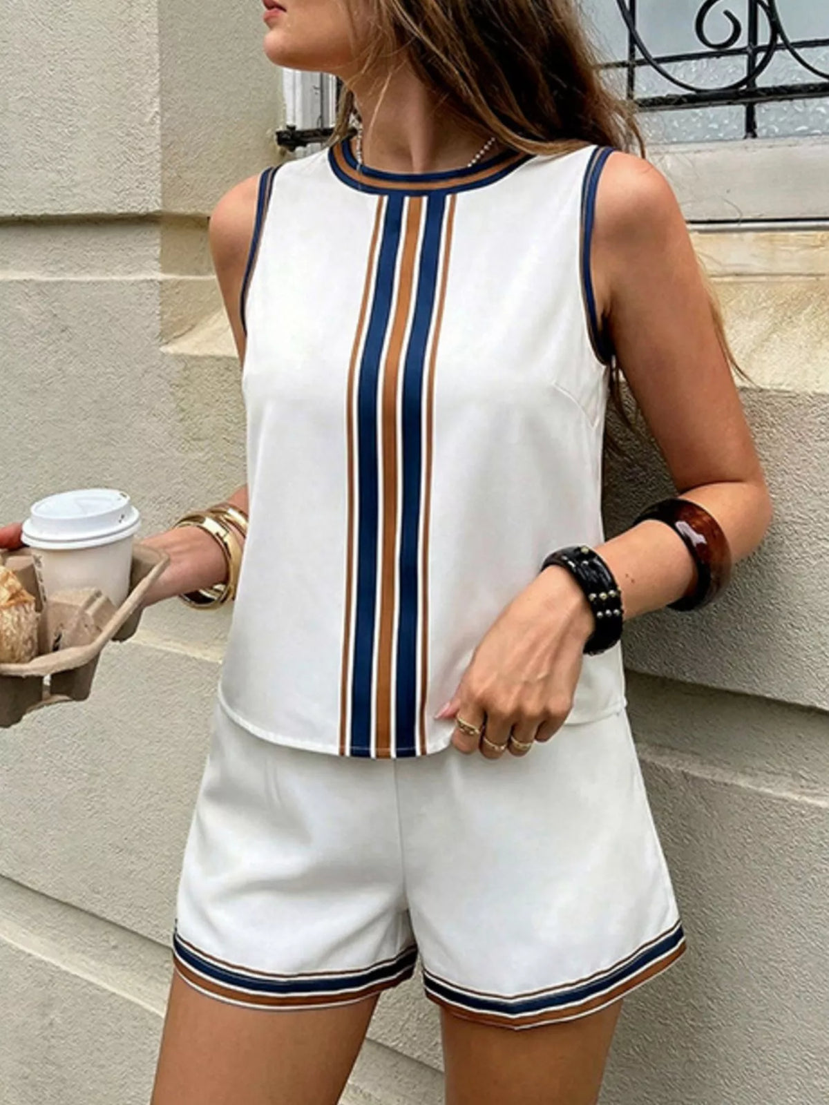 Striped sleeveless top and shorts two piece set front view