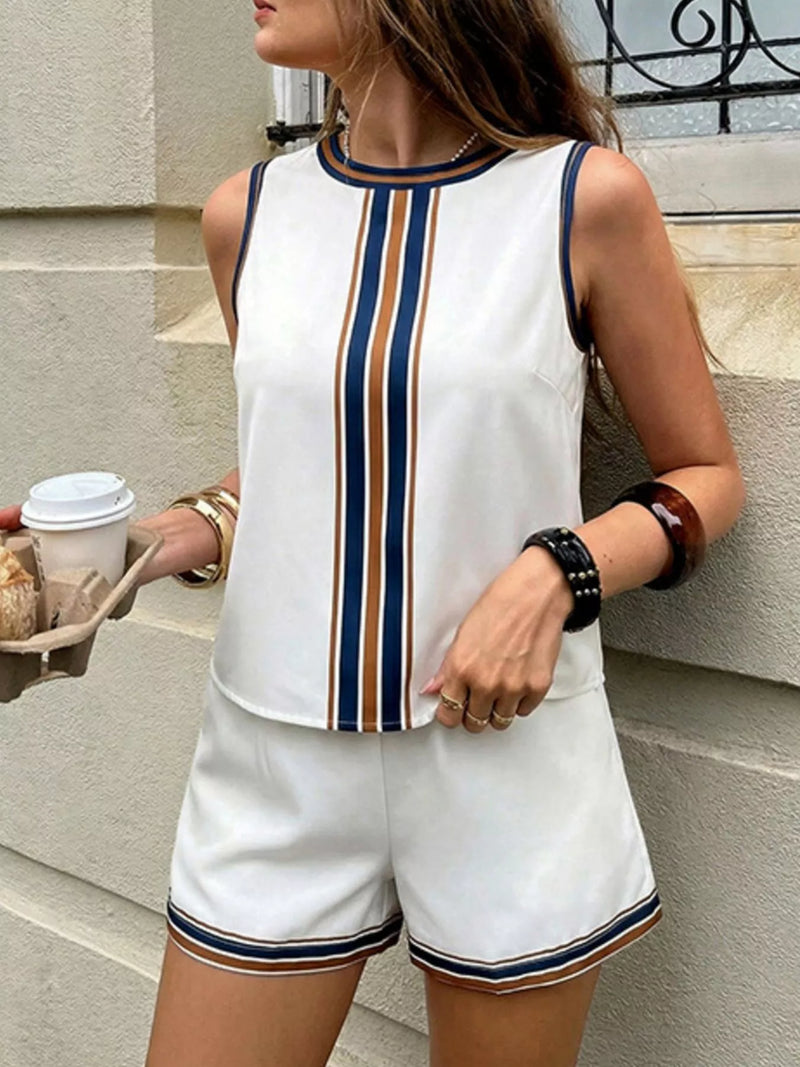 Striped sleeveless top and shorts two piece set front view