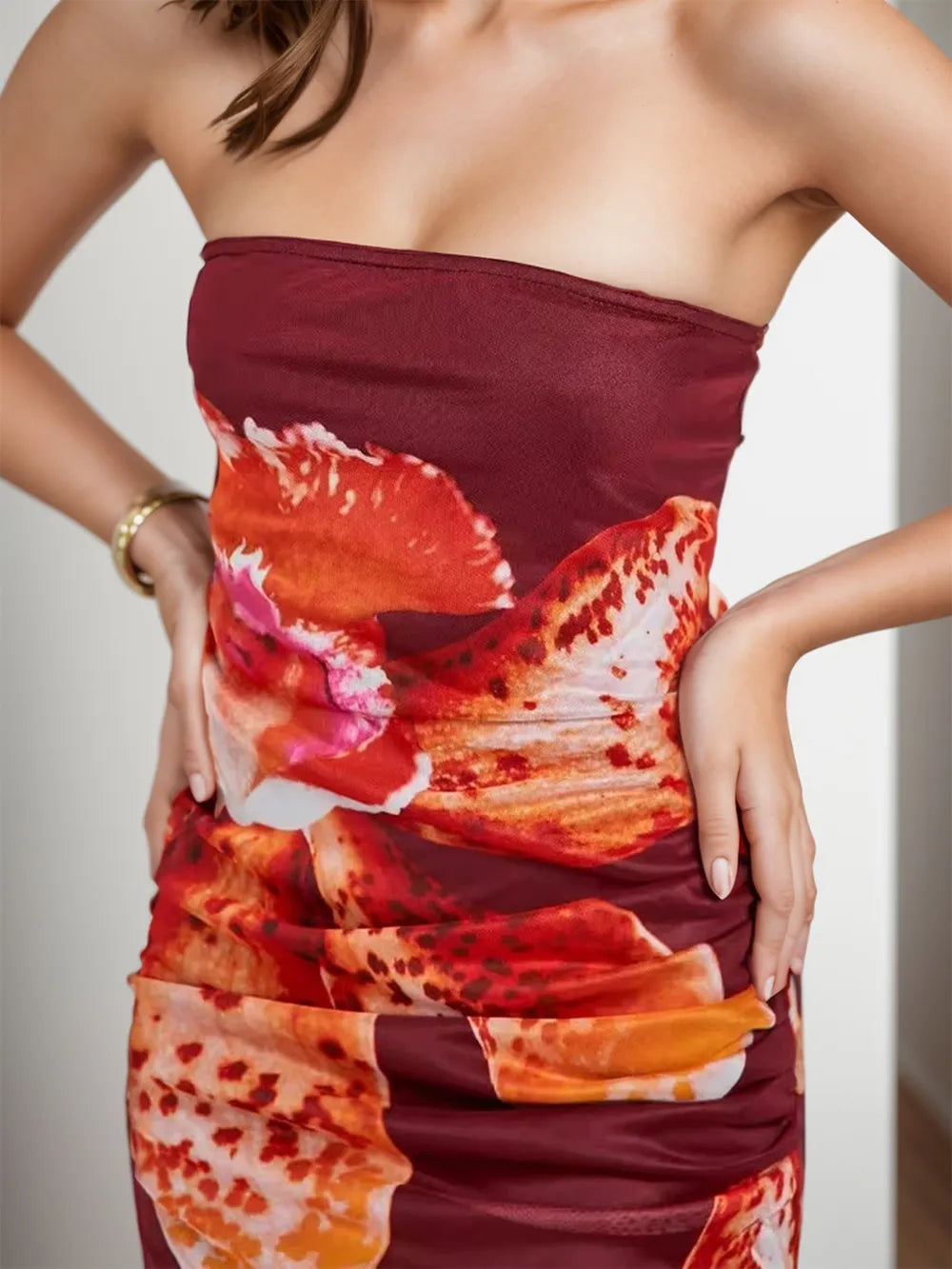 burgundy printed tube strapless maxi dress side view