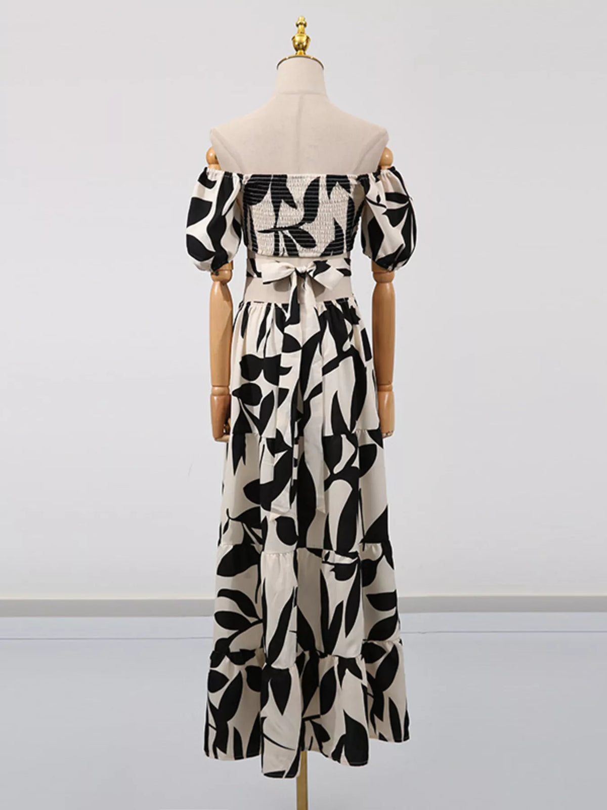 Off shoulder leaf print smocked maxi dress, full length styling