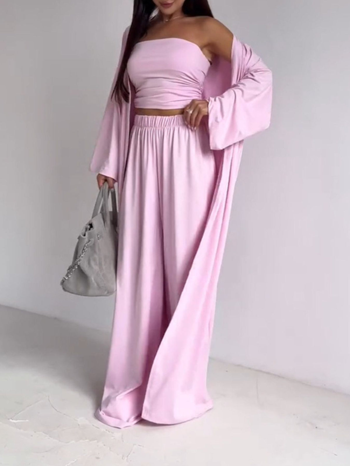 Tube top cardigan and pants three piece set front view