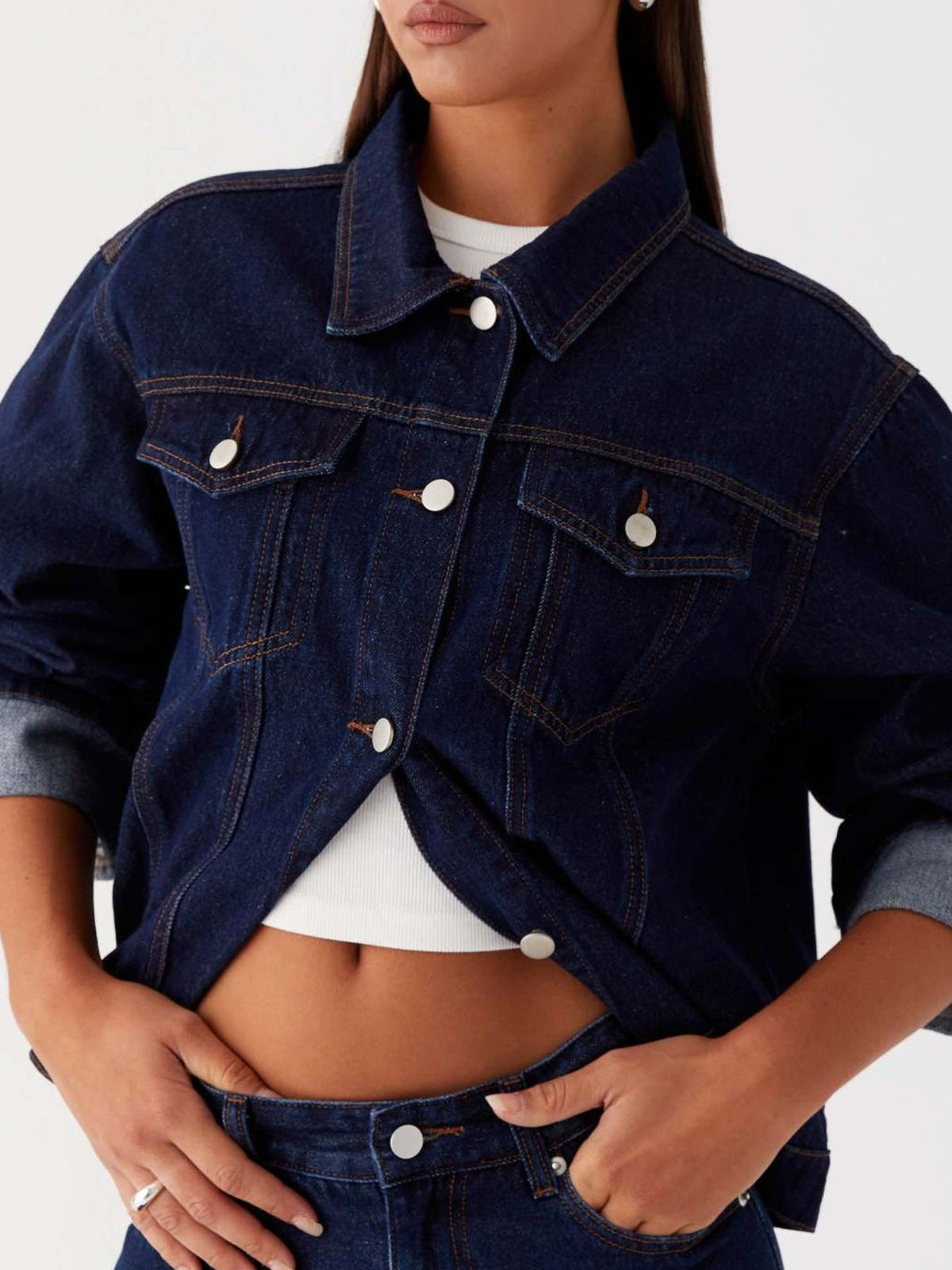 Cropped Oversized Denim Jacket in Dark Blue view 14