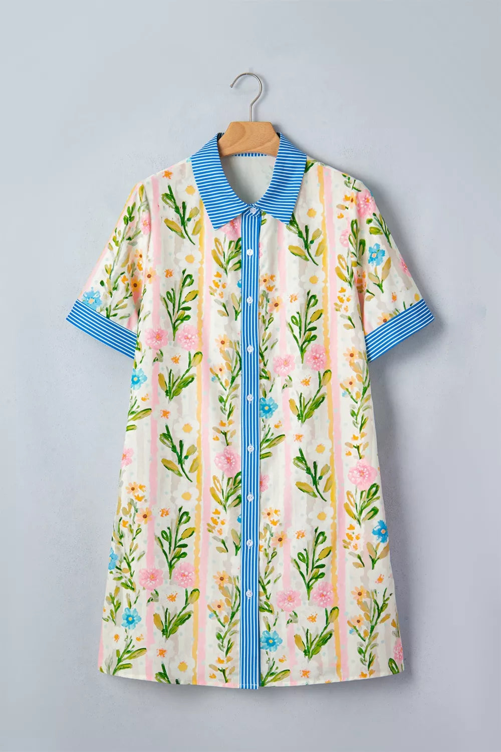Multicolor floral print button down shift dress back view