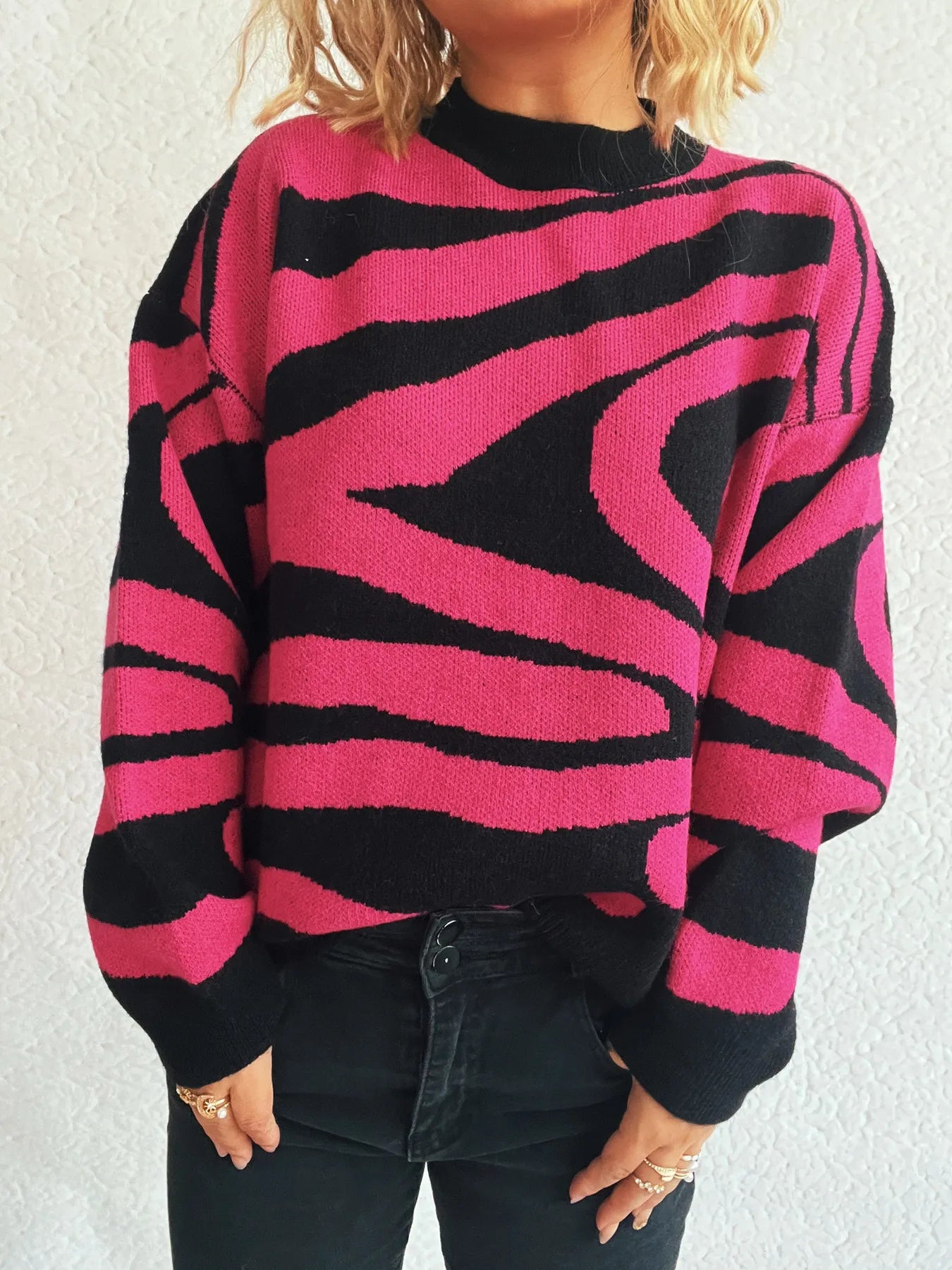 Zebra Print Round Neck Sweater - Fashorio