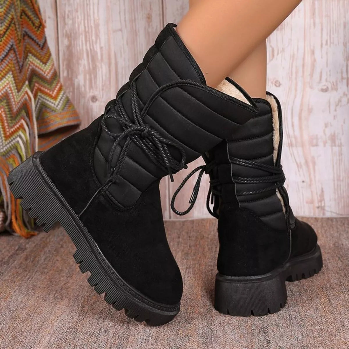 Quilted lace up mid calf boots back view