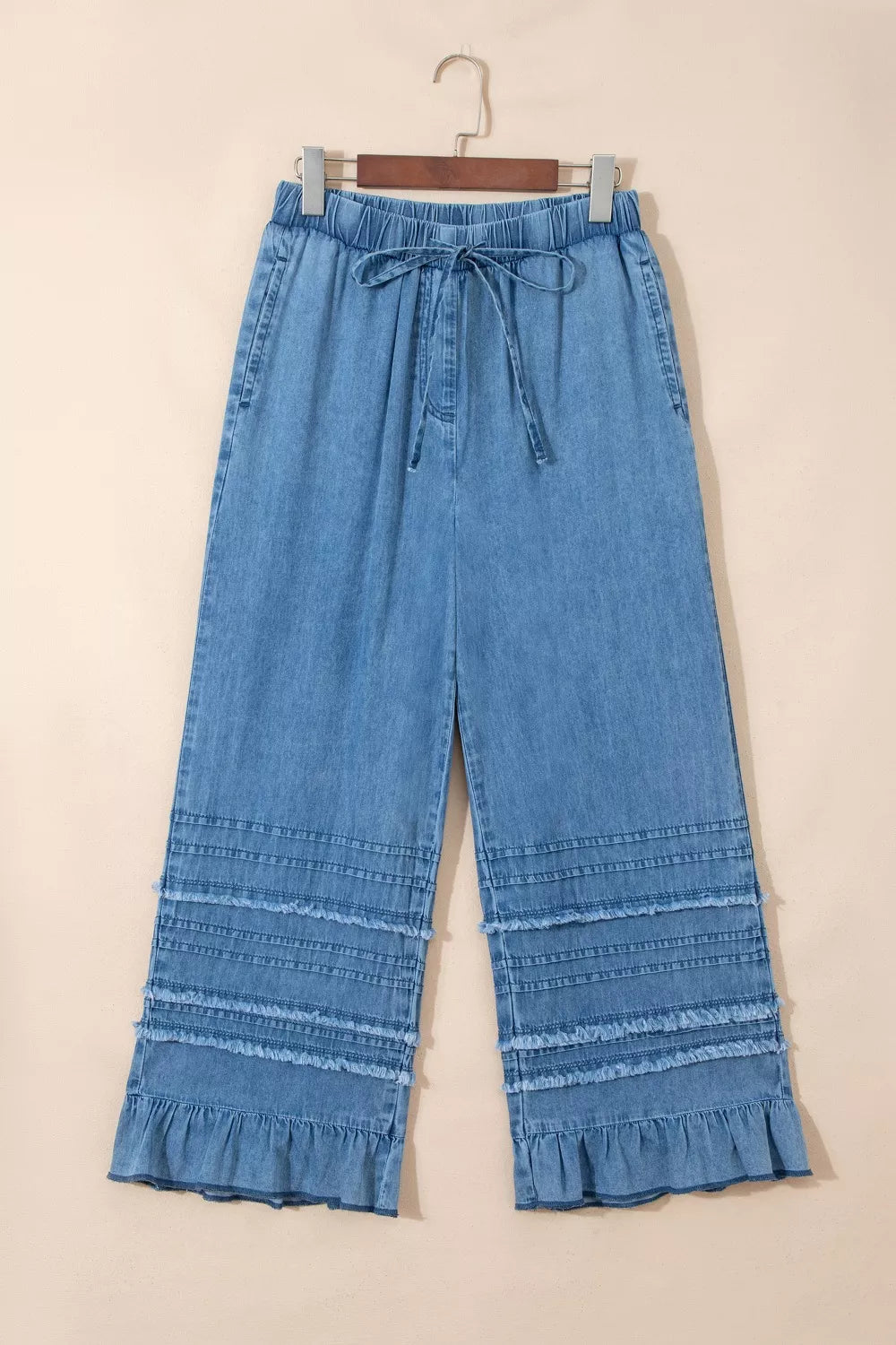 Ruffled hem wide leg chambray pants ruffle hem detail