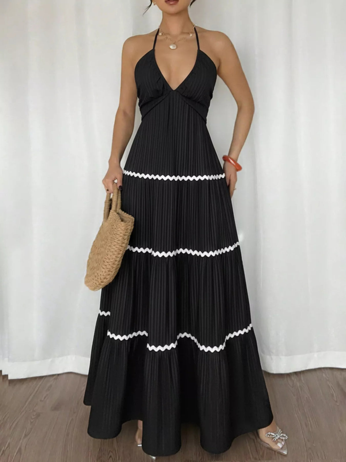 black halter neck pleated maxi dress side view