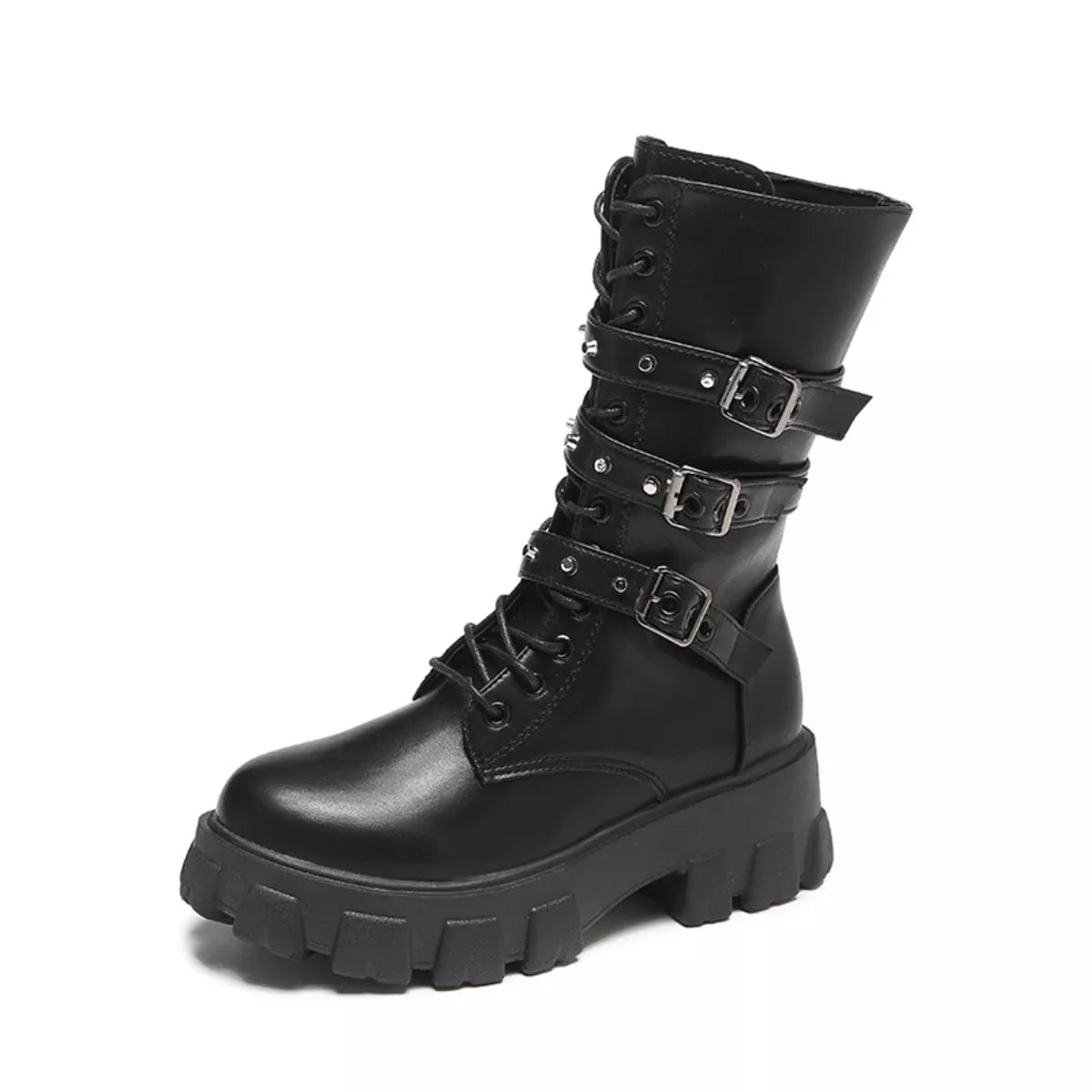Buckled lace up combat boots styled on model