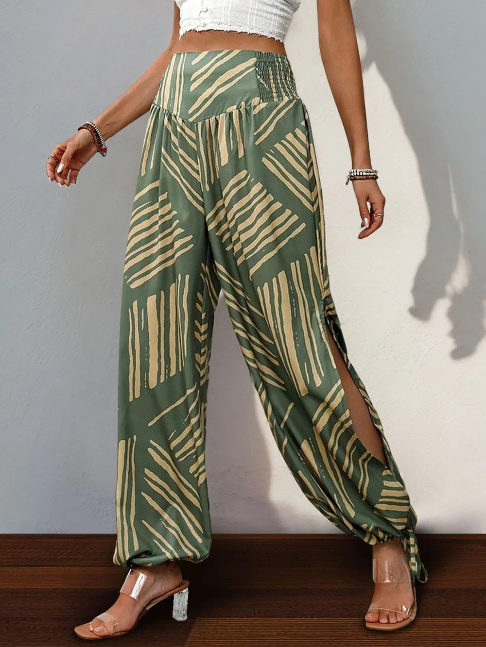 Smocked slit printed high waist pants slit detail