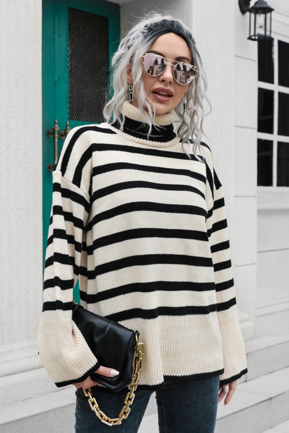 Striped Turtleneck Drop Shoulder Sweater Beige - Fashorio