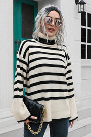 Striped Turtleneck Drop Shoulder Sweater Beige - Fashorio
